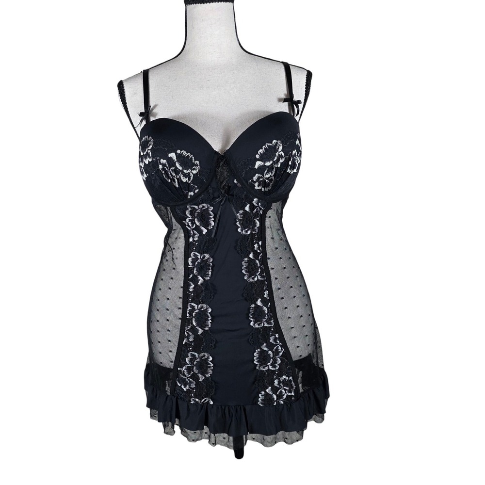 Jessica Simpson Chemise Black Lace Polka Dot Mesh Ruffle Lingerie Sz L Sleepwear